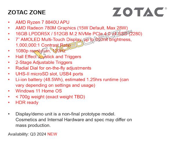 索泰首款掌机ZONE曝光：全球首发120Hz AMOLED！配锐龙7 8840U