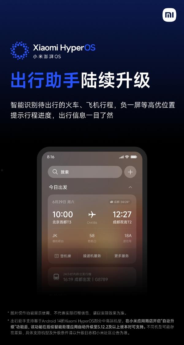小米澎湃OS宣布出行助手升级：火车、飞机行程智能识别